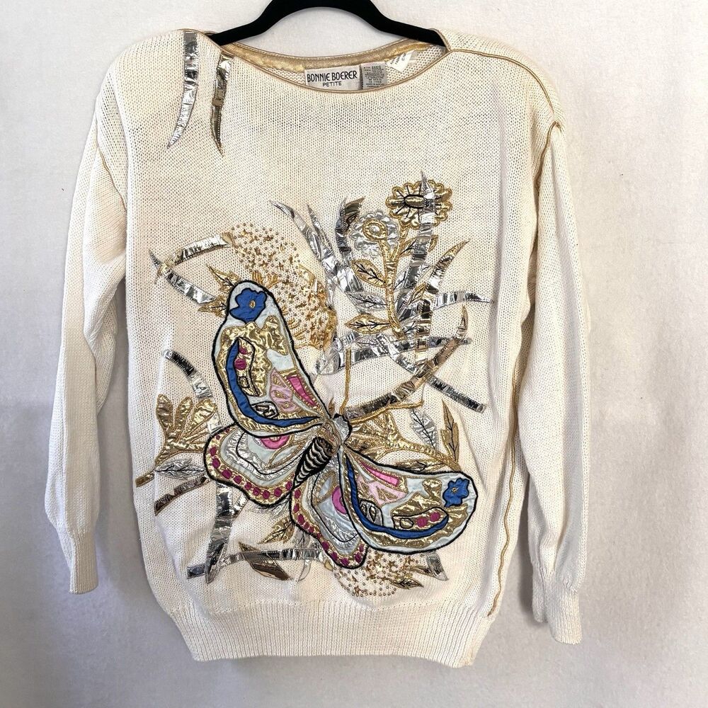 Bonnie Boerer ‘87 Butterfly Sweater Ivory Embellished Metallic Appliqués Size PM